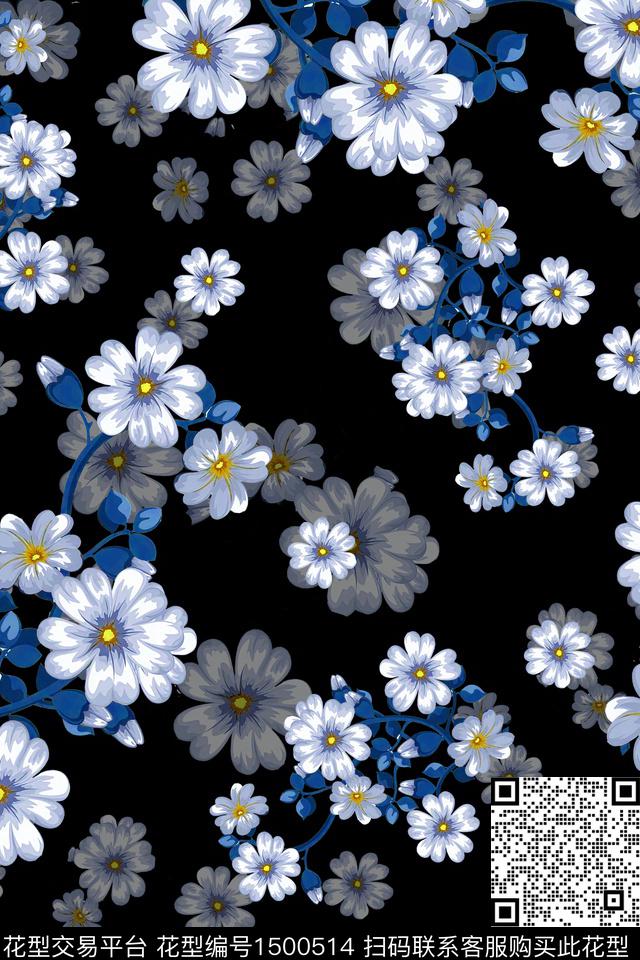 黑底花卉水彩绿植树叶数码印花花型下载（图片编号: 1500514） - 瓦栏（Walan）