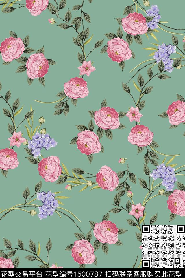 玫瑰花民族风花卉数码印花花型下载（图片编号: 1500787） - 瓦栏（Walan）
