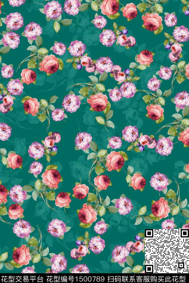 花卉20135.jpg - 1500789 - 绿植树叶 玫瑰花 民族风 - 数码印花花型 － 女装花型设计 － 瓦栏
