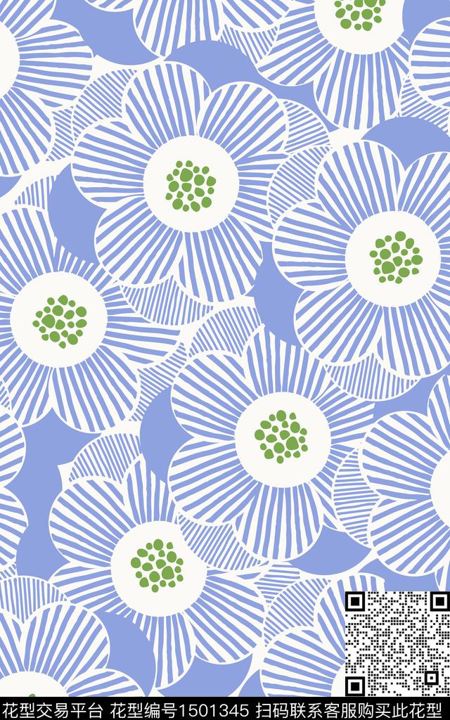 手绘条纹花朵6月19日-01.jpg - 1501345 - 简约 抽象花卉 花卉 - 传统印花花型 － 床品花型设计 － 瓦栏