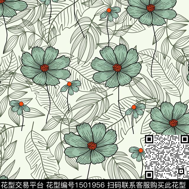 023XHddd.jpg - 1501956 - 绿植树叶 花卉 大牌风 - 数码印花花型 － 女装花型设计 － 瓦栏