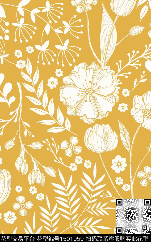手绘单色花卉黄色底6月23_画板 1 副本 5.jpg - 1501959 - 绿植树叶 日韩 花卉 - 传统印花花型 － 床品花型设计 － 瓦栏