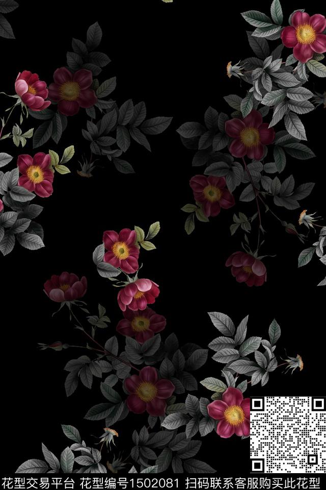 Z12867.jpg - 1502081 - 黑底花卉 花卉 大牌风 - 数码印花花型 － 女装花型设计 － 瓦栏