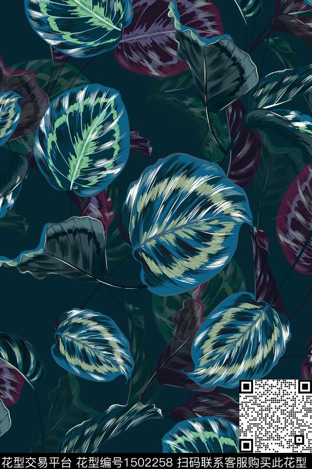 炫彩绿植树叶水彩数码印花花型下载（图片编号: 1502258） - 瓦栏（Walan）