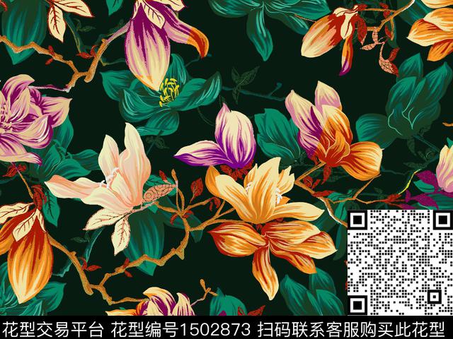 1.jpg - 1502873 - 玉兰花 黑底花卉 手绘花卉 - 数码印花花型 － 女装花型设计 － 瓦栏