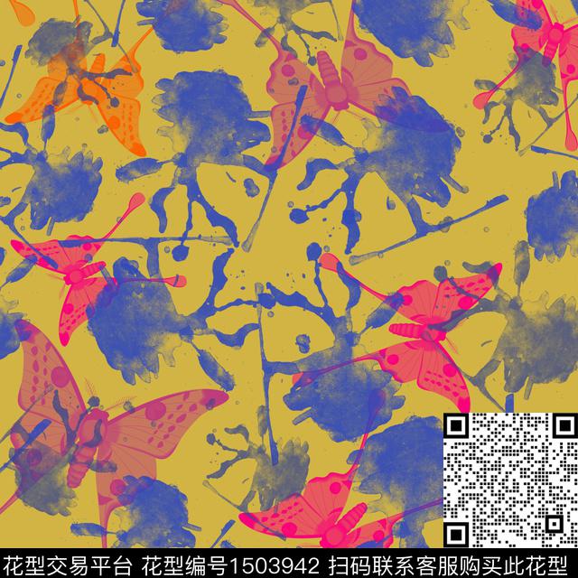 扎染花型趣味蝴蝶数码印花花型下载（图片编号: 1503942） - 瓦栏（Walan）