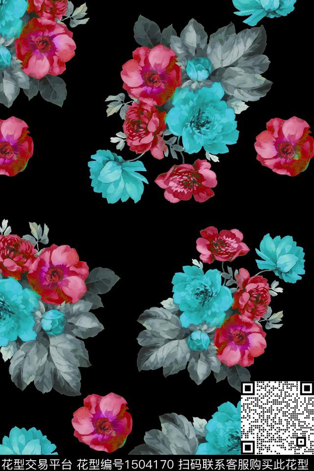 水彩黑底花卉绿植树叶数码印花花型下载（图片编号: 1504170） - 瓦栏（Walan）