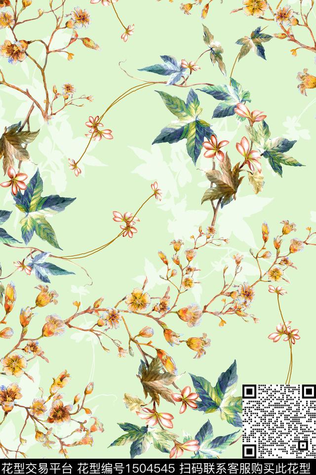 绿植树叶水彩肌理数码印花花型下载（图片编号: 1504545） - 瓦栏（Walan）