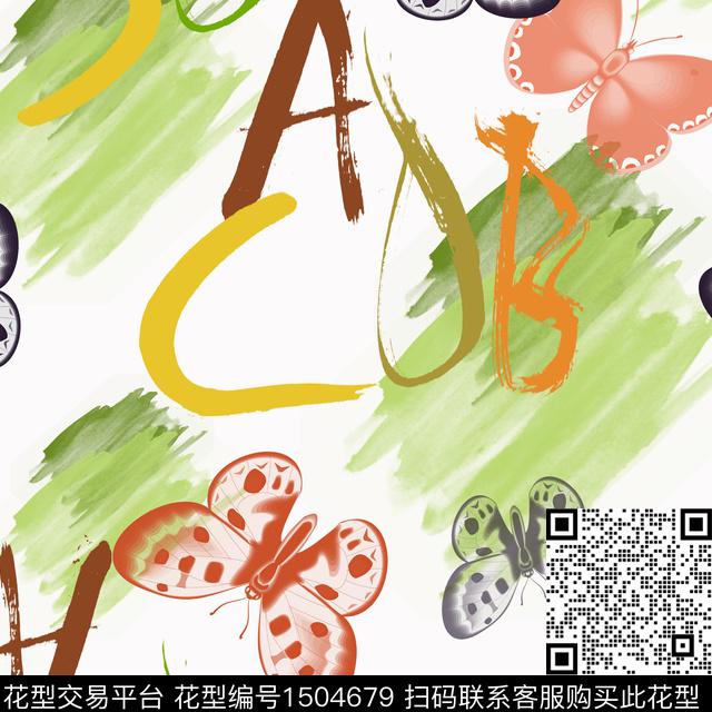 字母笔触蝴蝶数码印花花型下载（图片编号: 1504679） - 瓦栏（Walan）
