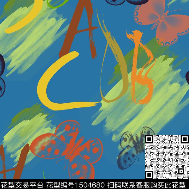 字母笔触蝴蝶数码印花花型下载（图片编号: 1504680） - 瓦栏（Walan）