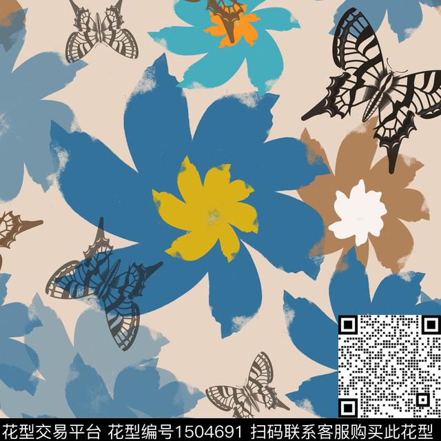 笔触小碎花蝴蝶数码印花花型下载（图片编号: 1504691） - 瓦栏（Walan）