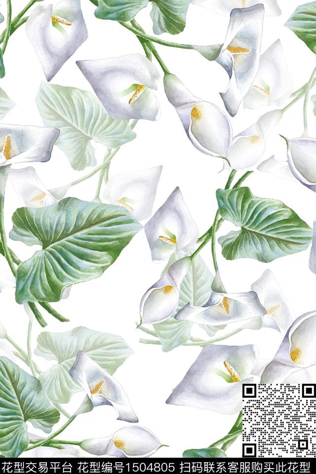 水彩绿植树叶简约数码印花花型下载（图片编号: 1504805） - 瓦栏（Walan）