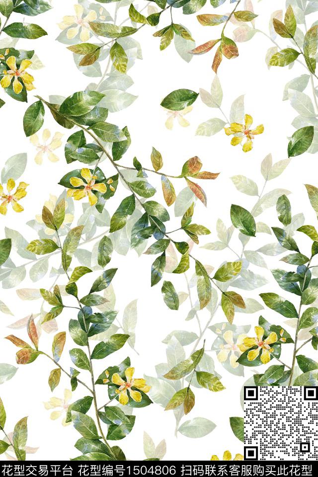 WC02885.jpg - 1504806 - 水彩 绿植树叶 简约 - 数码印花花型 － 女装花型设计 － 瓦栏