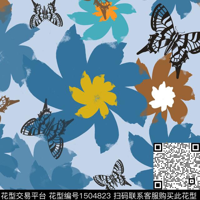 笔触小碎花蝴蝶数码印花花型下载（图片编号: 1504823） - 瓦栏（Walan）