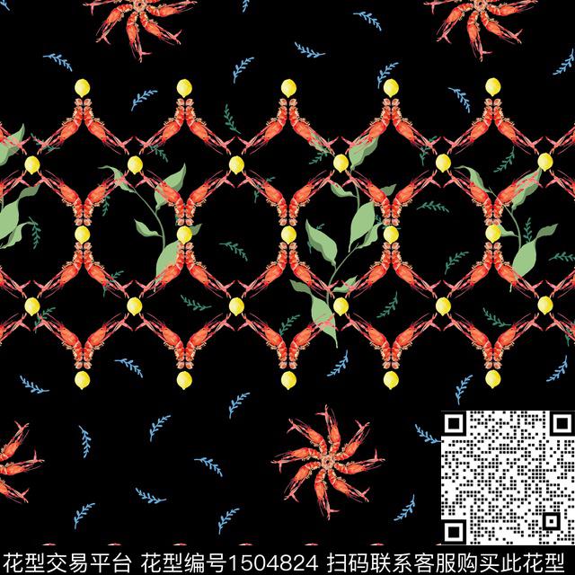 趣味虾.jpg - 1504824 - 可爱 趣味 小龙虾 - 数码印花花型 － 女装花型设计 － 瓦栏