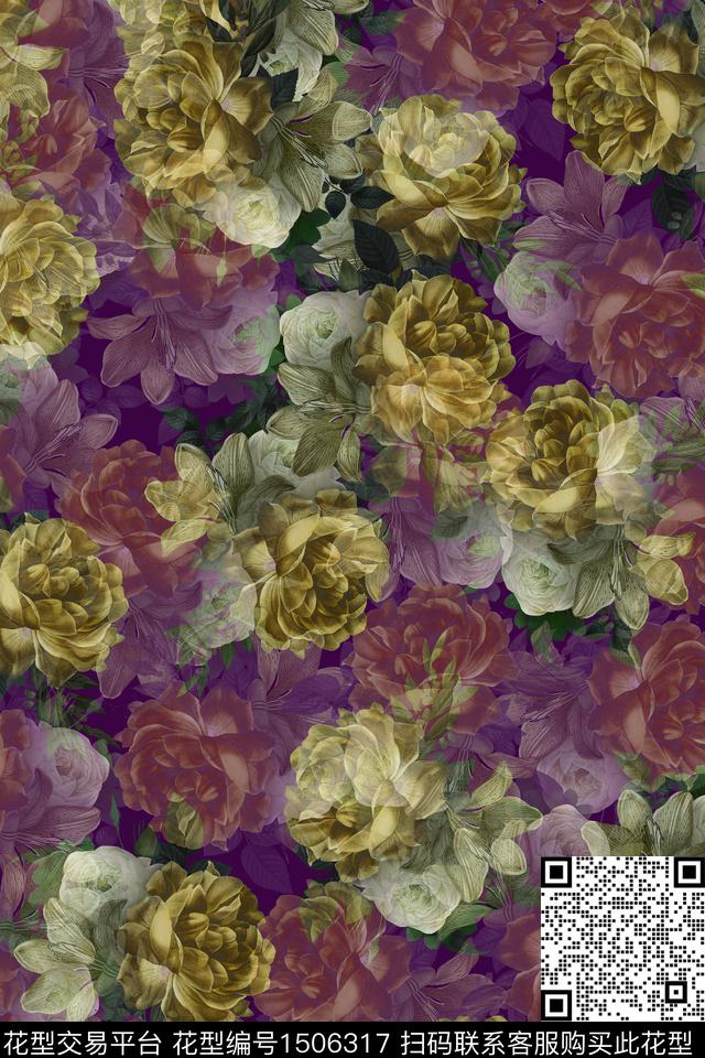 水彩花卉大牌风数码印花花型下载（图片编号: 1506317） - 瓦栏（Walan）