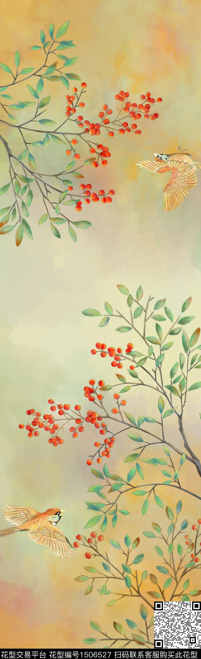 南天竺与鸟.jpg - 1506527 - 花鸟 树枝 南天竺 - 数码印花花型 － 长巾花型设计 － 瓦栏