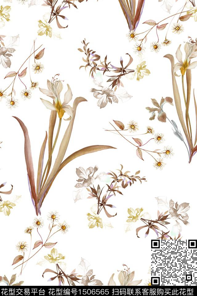 清爽底花卉花卉真丝数码印花花型下载（图片编号: 1506565） - 瓦栏（Walan）