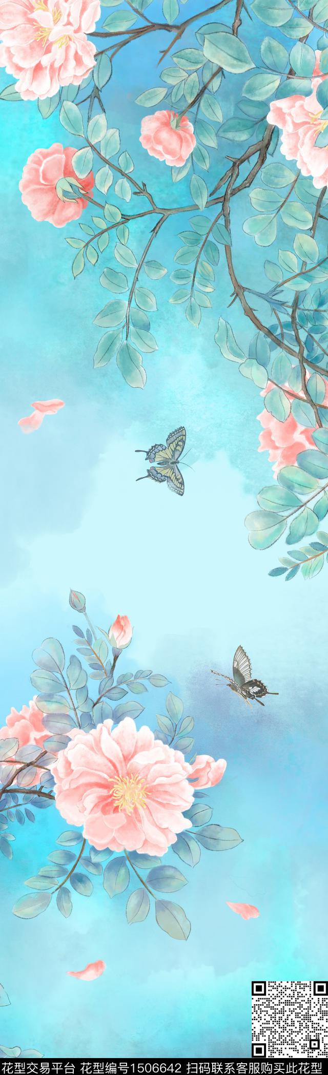 蔷薇花手绘花卉蝴蝶数码印花花型下载（图片编号: 1506642） - 瓦栏（Walan）