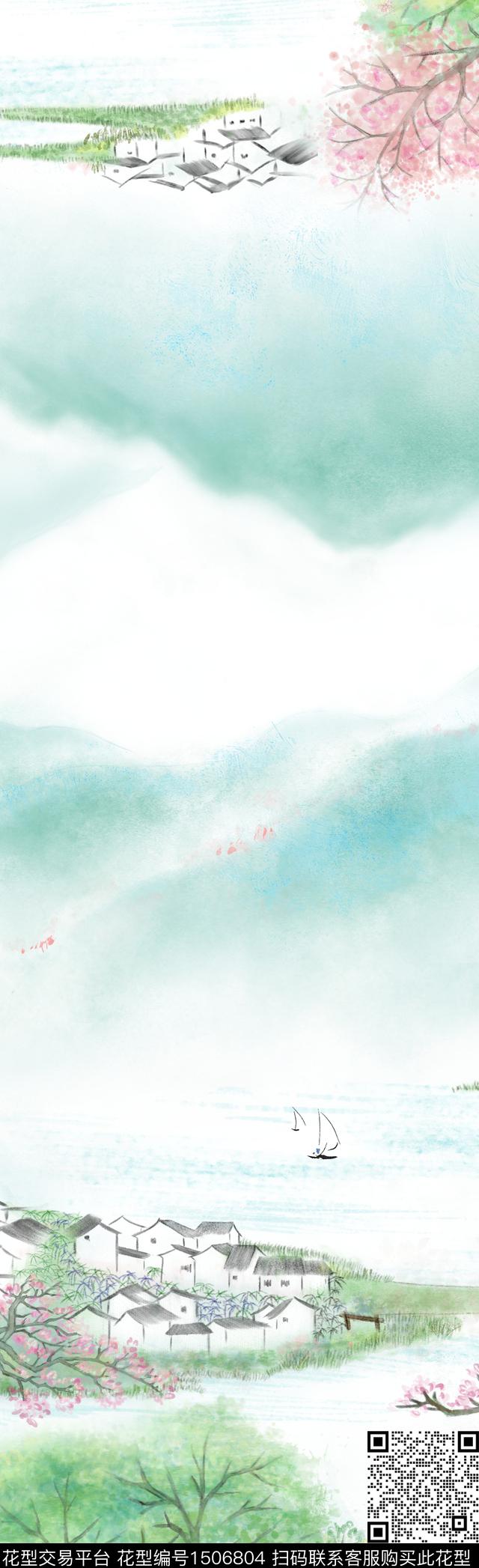 水彩晕染江南春景中国风数码印花花型下载（图片编号: 1506804） - 瓦栏（Walan）