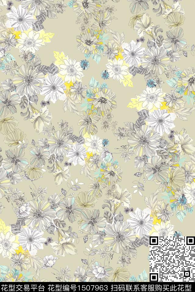 花卉大牌风小清新数码印花花型下载（图片编号: 1507963） - 瓦栏（Walan）