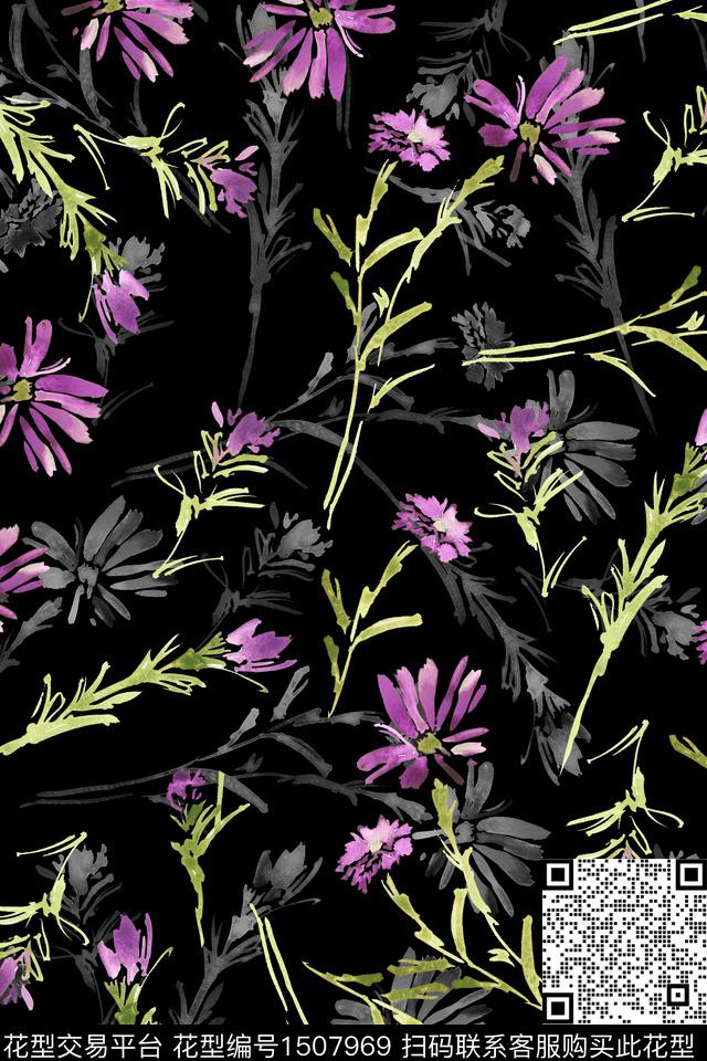 Z13149.jpg - 1507969 - 黑底花卉 花卉 大牌风 - 数码印花花型 － 女装花型设计 － 瓦栏