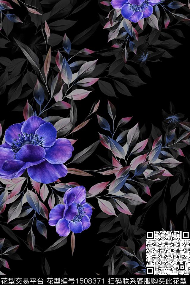 黑底花卉花卉大牌风数码印花花型下载（图片编号: 1508371） - 瓦栏（Walan）