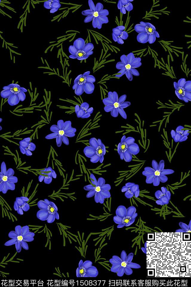 黑底花卉花卉小清新数码印花花型下载（图片编号: 1508377） - 瓦栏（Walan）