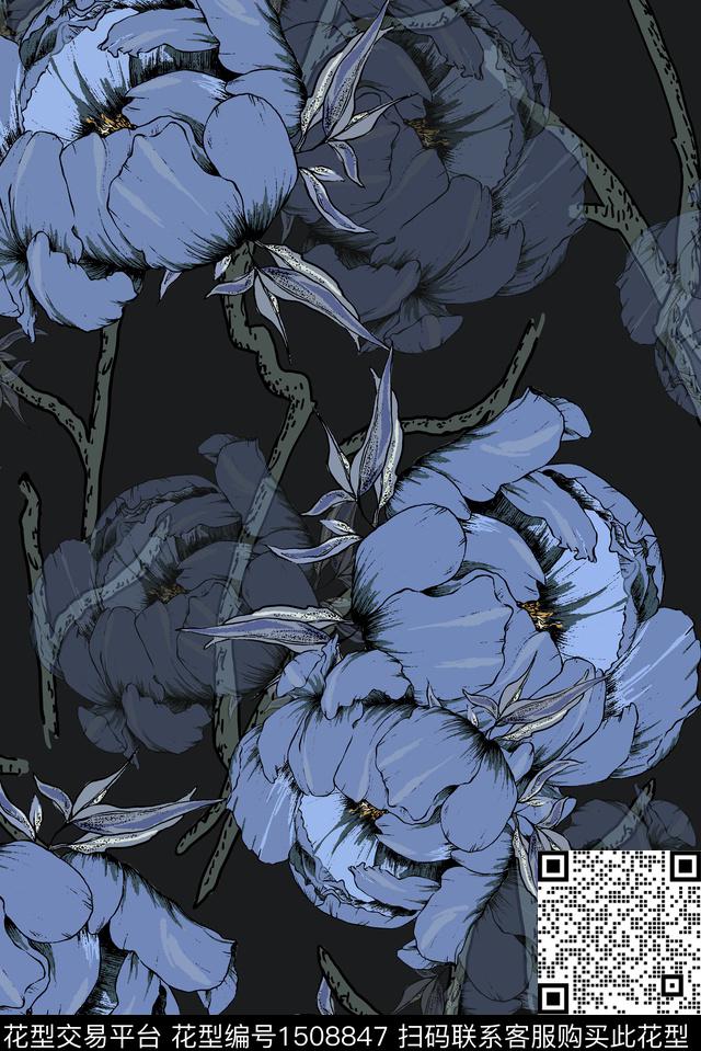 花卉富贵花中国风定位花数码印花花型下载（图片编号: 1508847） - 瓦栏（Walan）