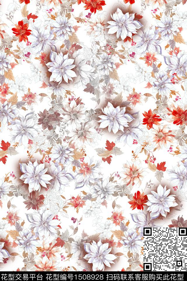 花卉大牌风香云纱数码印花花型下载（图片编号: 1508928） - 瓦栏（Walan）