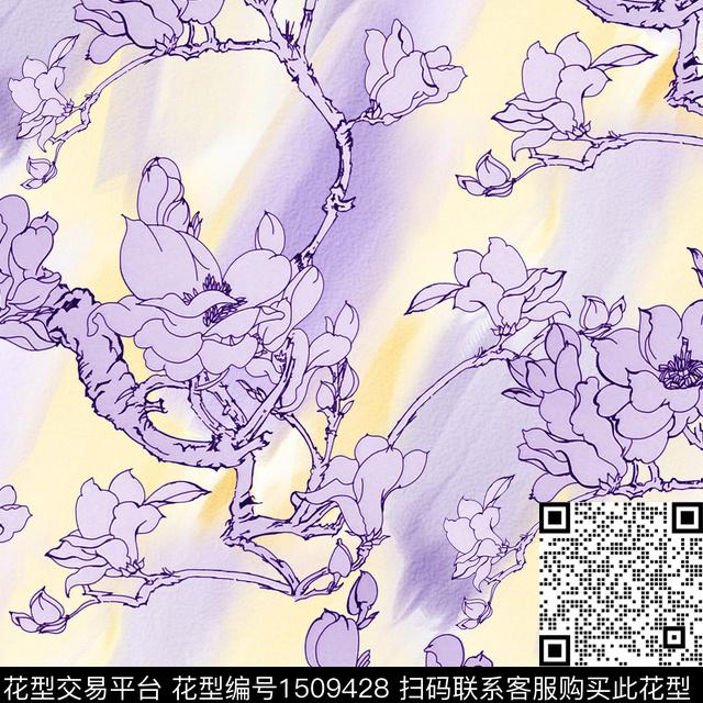 渐变线条花卉真丝数码印花花型下载（图片编号: 1509428） - 瓦栏（Walan）
