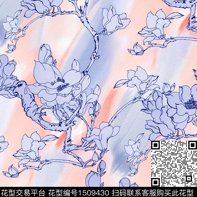 玉兰花渐变线条花卉数码印花花型下载（图片编号: 1509430） - 瓦栏（Walan）