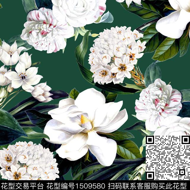 大花玉兰花绿色系数码印花花型下载（图片编号: 1509580） - 瓦栏（Walan）
