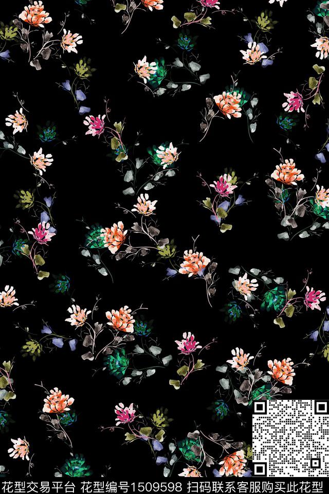 黑底花卉花卉大牌风数码印花花型下载（图片编号: 1509598） - 瓦栏（Walan）