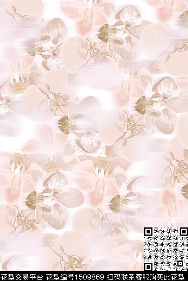 花卉蝴蝶兰朦胧花卉数码印花花型下载（图片编号: 1509869） - 瓦栏（Walan）