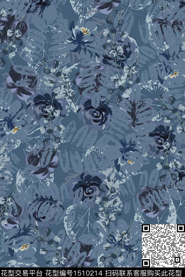 绿植树叶玫瑰花花卉数码印花花型下载（图片编号: 1510214） - 瓦栏（Walan）