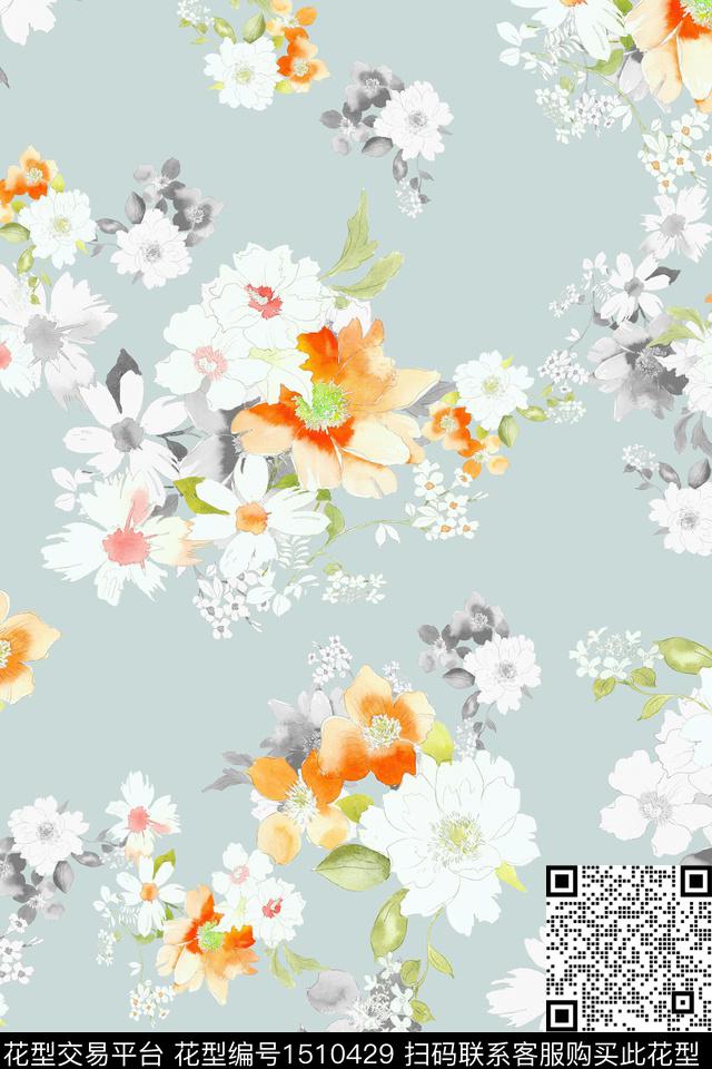 花卉大牌风小清新数码印花花型下载（图片编号: 1510429） - 瓦栏（Walan）