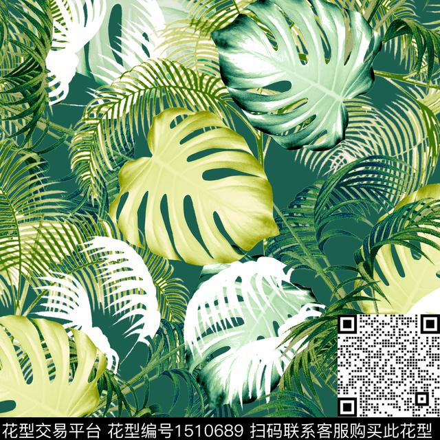棕榈树龟背竹绿植树叶数码印花花型下载（图片编号: 1510689） - 瓦栏（Walan）