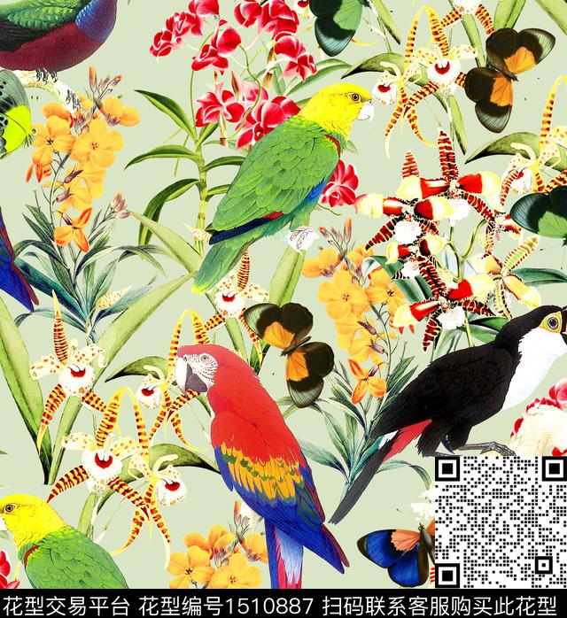 R1404025.jpg - 1510887 - 鹦鹉 长颈鹿 热带花型 - 数码印花花型 － 女装花型设计 － 瓦栏