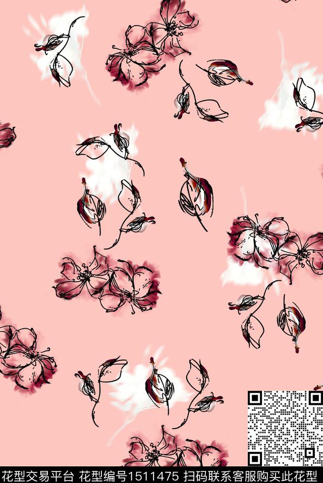 线条花卉手绘花卉素色数码印花花型下载（图片编号: 1511475） - 瓦栏（Walan）