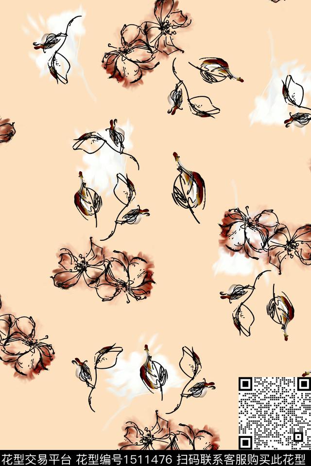 线条花卉手绘花卉素色数码印花花型下载（图片编号: 1511476） - 瓦栏（Walan）