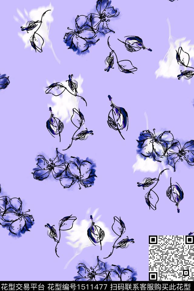 线条花卉手绘花卉素色数码印花花型下载（图片编号: 1511477） - 瓦栏（Walan）