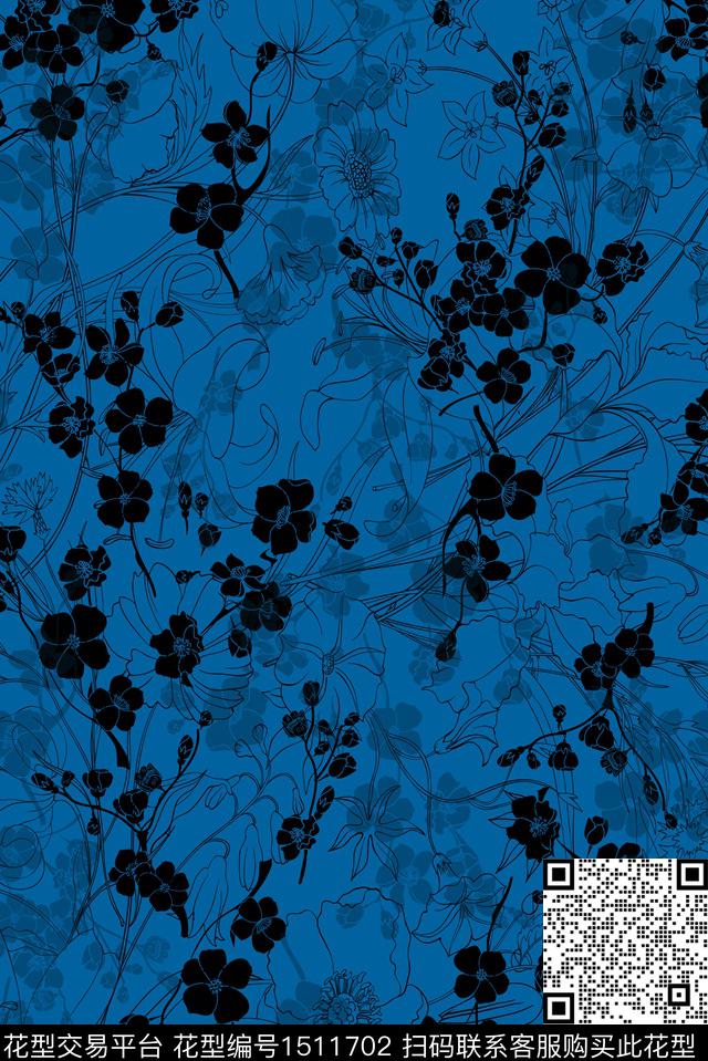 梅花蓝色花卉数码印花花型下载（图片编号: 1511702） - 瓦栏（Walan）