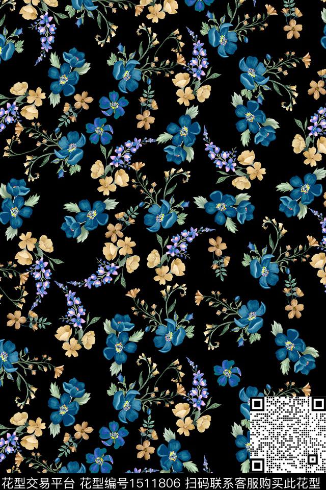 黑底花卉花卉大牌风数码印花花型下载（图片编号: 1511806） - 瓦栏（Walan）