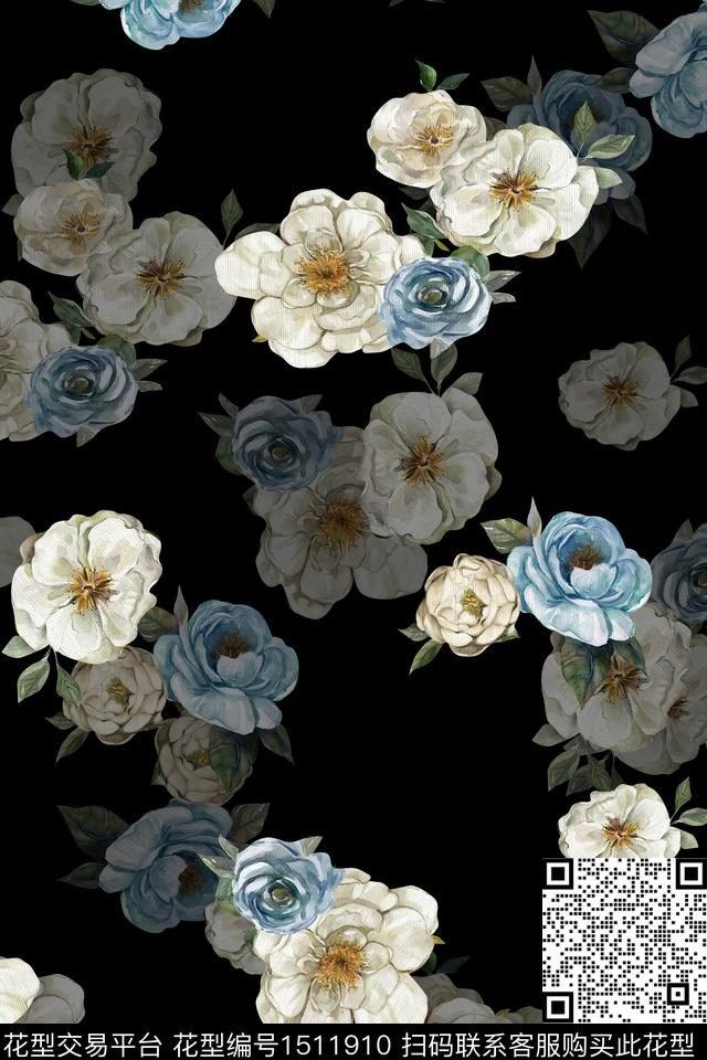 黑底花卉花卉大牌风数码印花花型下载（图片编号: 1511910） - 瓦栏（Walan）