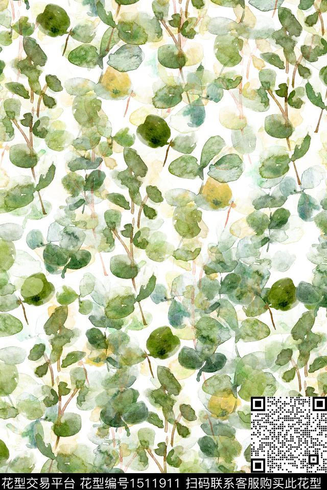 绿植树叶大牌风小清新数码印花花型下载（图片编号: 1511911） - 瓦栏（Walan）