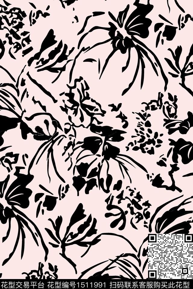 涂鸦双色花卉数码印花花型下载（图片编号: 1511991） - 瓦栏（Walan）