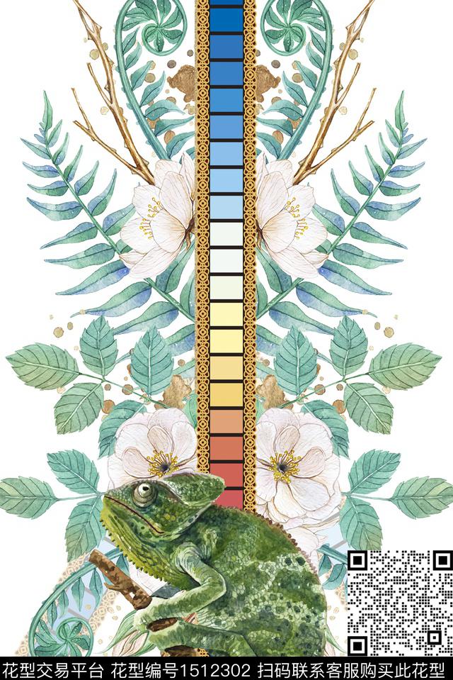 定位热带植物蜥蜴变色龙.jpg - 1512302 - 树林 水彩 动物花卉 - 数码印花花型 － 女装花型设计 － 瓦栏