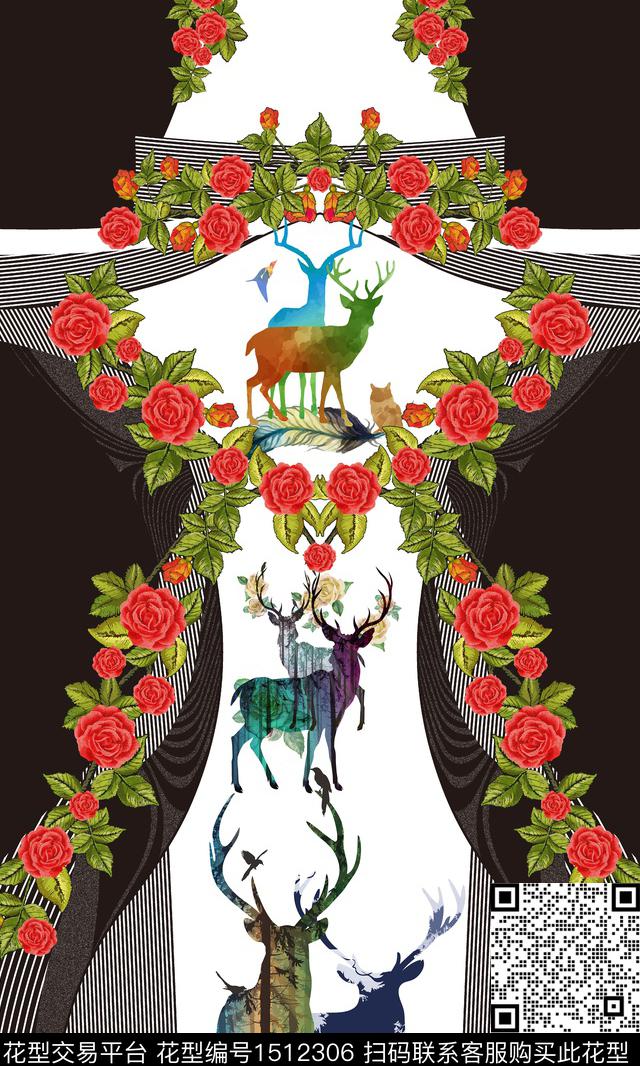 定位中国风绣花玫瑰小鹿.jpg - 1512306 - 渐变 动物花卉 定位花 - 数码印花花型 － 女装花型设计 － 瓦栏