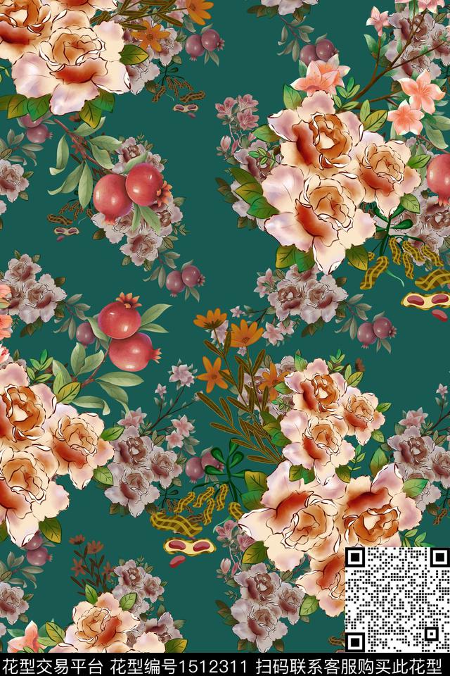 石榴3.jpg - 1512311 - 绿植树叶 花卉 大牌风 - 数码印花花型 － 女装花型设计 － 瓦栏